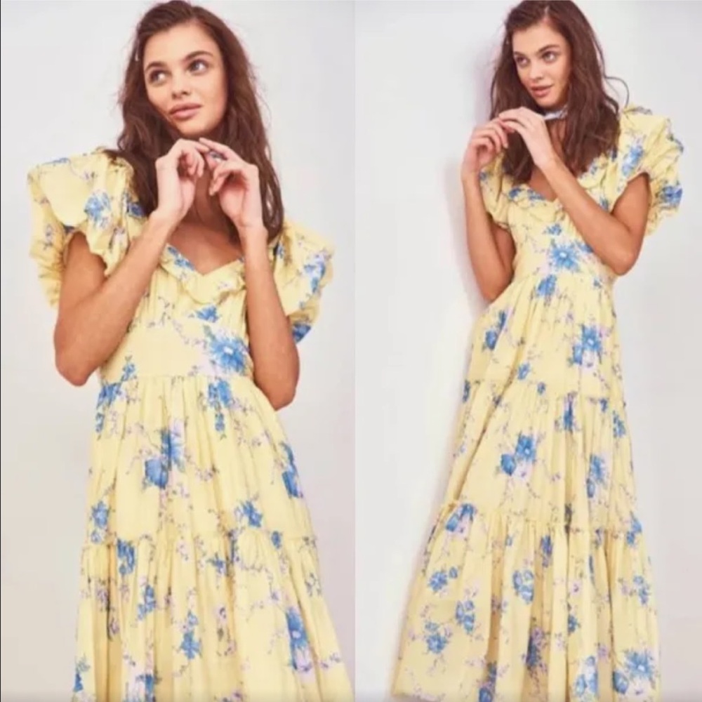 LoveShackFancy Emory Yellow Dress- Puff sleeve milkmaid midi dress - Picture 1 of 7